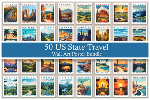 Download 50 US State Travel Wall Art Poster Set - Wall art Collection